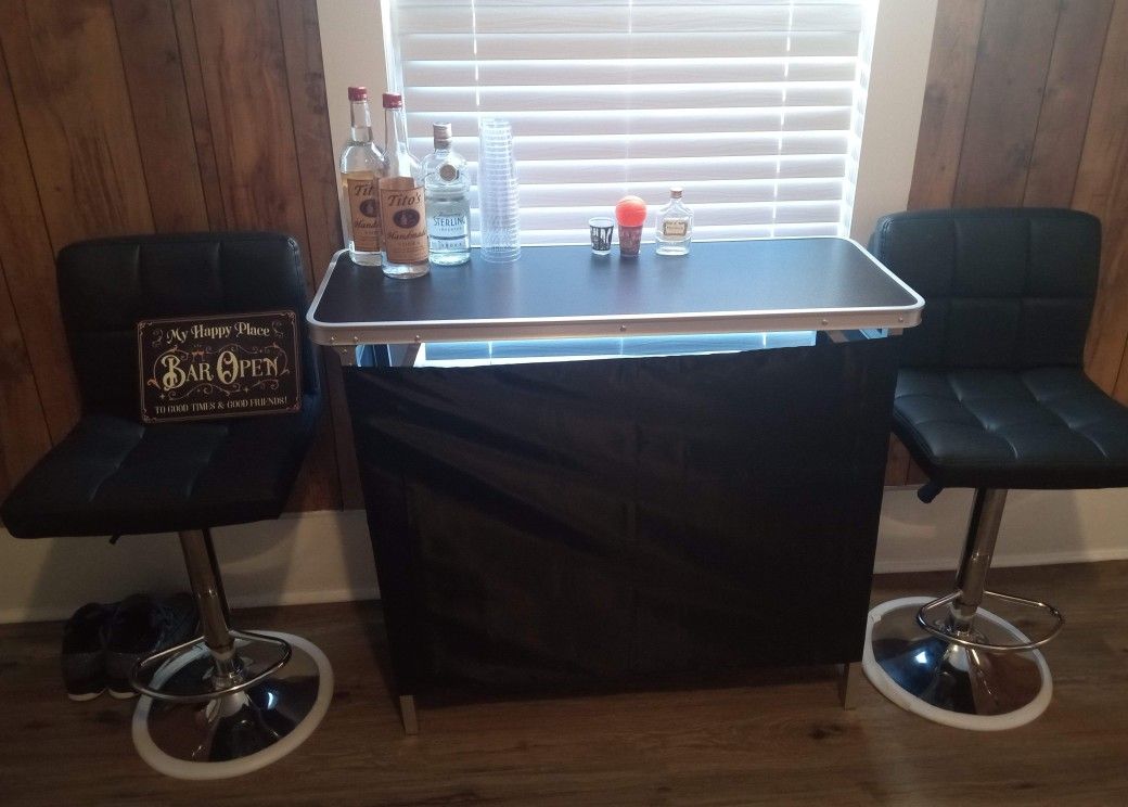 Portable Bar With Bar Chairs And Sign 