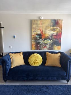 Blue Velvet Sofa With Nailhead Trim & Scrolled Arms