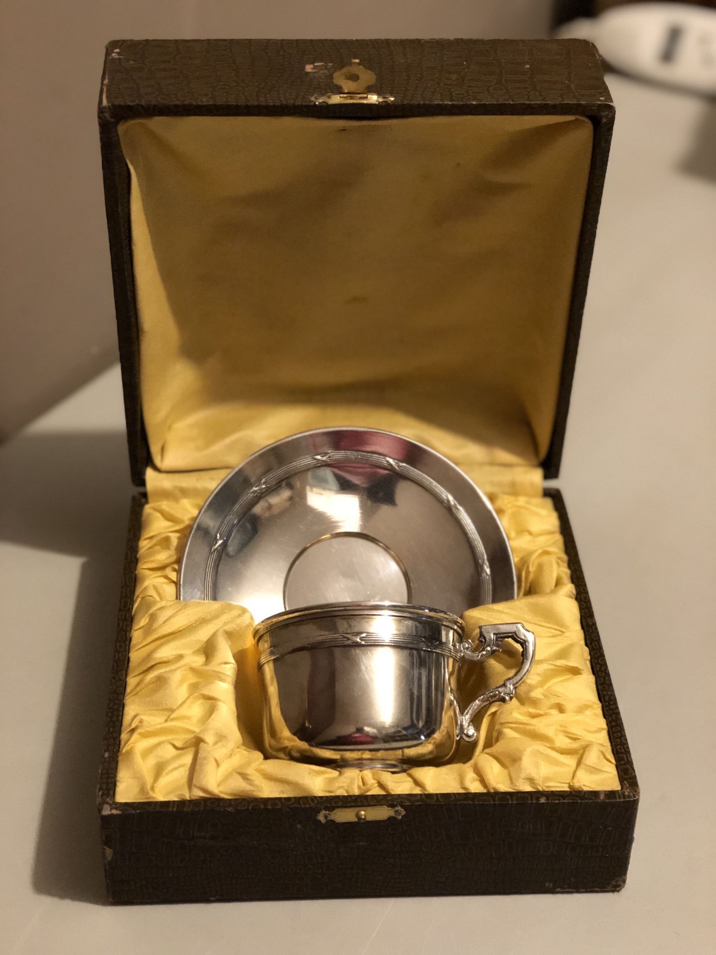 Vtg. Silver Plated Tea Cup & Saucer In Box