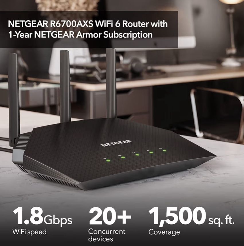 NETGEAR 4-Stream 6 Router (R6700AXS) – with 1-Year Armor Cybersecurity Subscription - AX1800 Wireless Speed (Up to 1.8 Gbps) | Coverage up to 1,500 sq