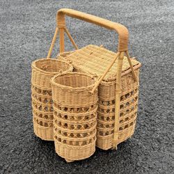 Vintage MCM Wicker Woven Picnic Basket 2 Wine Bottle Holder Handle & Lid Romantic Boho Cottage