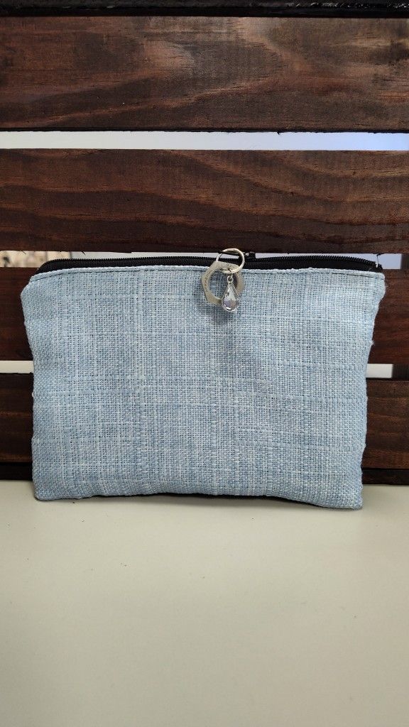 Blue Zipper Pouch With Crystal Charm Zipper Pull And Bumblebee Print Lining