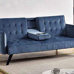 Modern Futon Sofa Bed w/ Cup Holders – Mist Blue