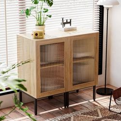 Glass Door Cabinet - 2-in-1 Buffet With Storage, 32 Inch Farmhouse Console Table, Metal Base Sidebo