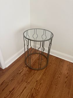 Round Brushed Nickel Metal and Glass Side Table