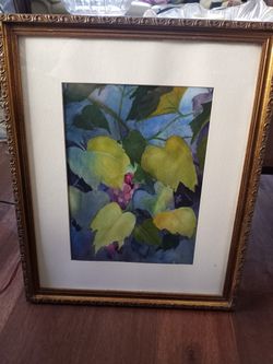 Water Color Framed Art Grapes Grape Leaves Vines  Painting Wood Framed Signed