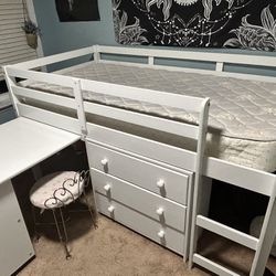 Twin loft bed with ladder, desk, mattress and dresser