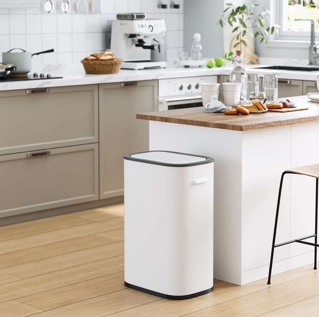15 Gallon Automatic Kitchen Trash Can with Lid, 55L Motion Sensor Stainless Steel Garbage Can, Touchless Electronic Smart Trash Can, White & Grey