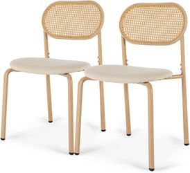 Boho Dining Chairs Set of 2, Upholstered Cane Dining Chair with Rattan Back Metal Legs, for Dinner Living Room Reception