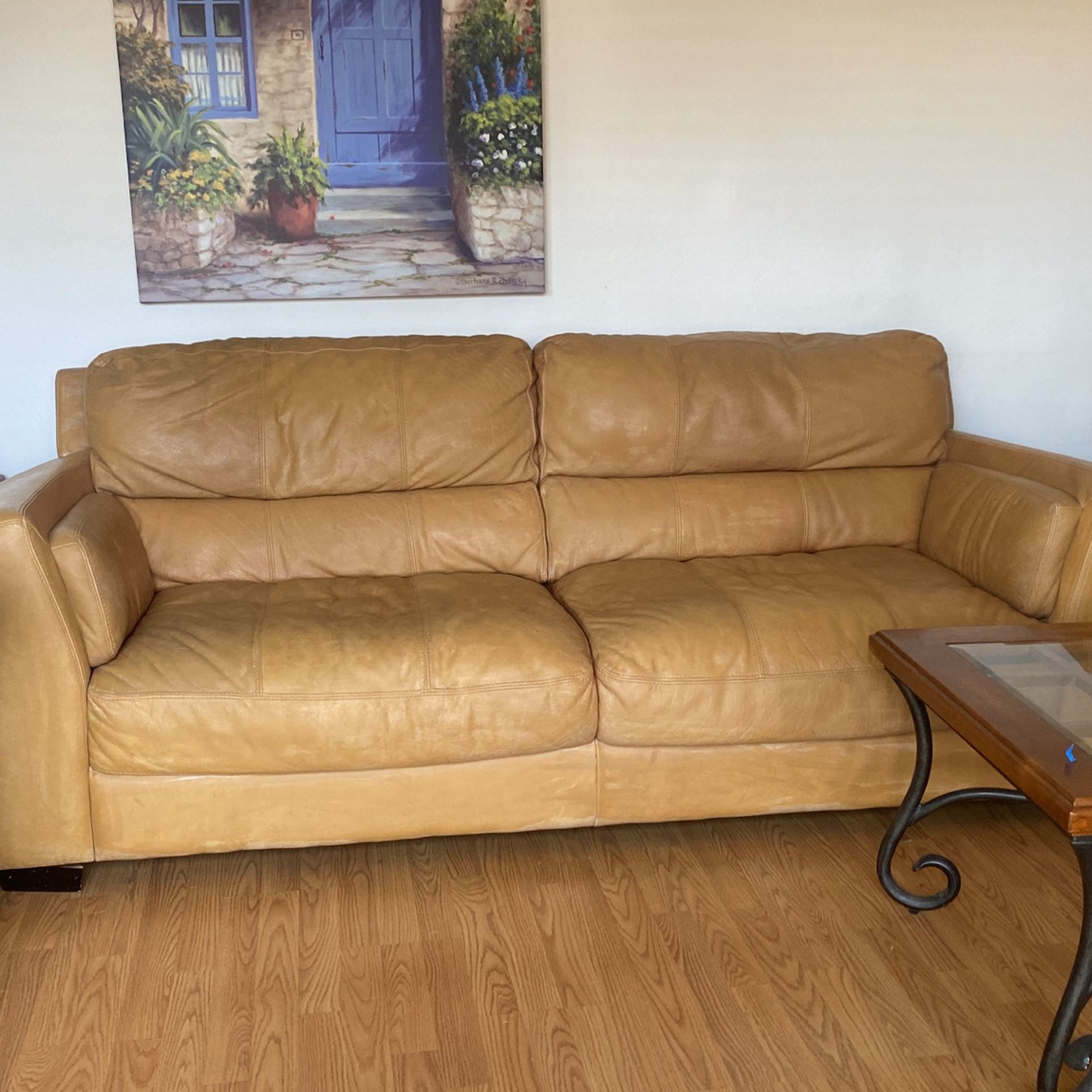 Comfortable Leather Couch And Chair Good Condition $200.  70 inch sturdy bench $50.