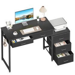 Computer Desk with 5 Drawers, 52 Inch Office Desk with Reversible Printer Shelf, Modern Desk with Storage, Study Writing Table for Home Office, Black