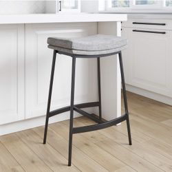 Nathan James 22201 Arlo Modern Backless Upholstered Kitchen Counter Bar Stool with Double-Layered Saddle Seat and Metal Base, Grey/ Matte Black