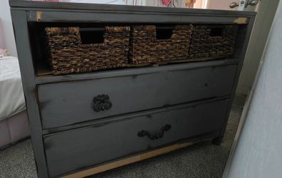 Gray Wood Dresser with Wicker Baskets
