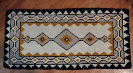 Antique Handmade Hook Rug With Geometric Design 32" By 64 "