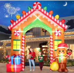 NEW- 9FT Christmas Inflatable Gingerbread Archway with LED Lights & Gift Boxes