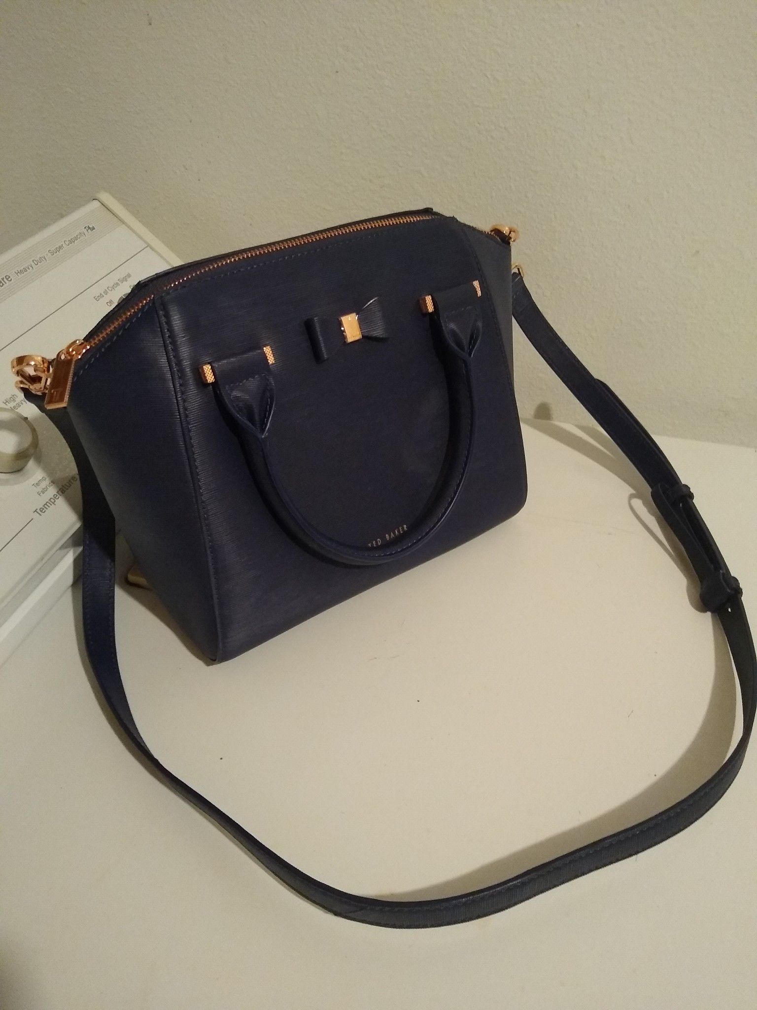 Ted Baker Tote Medium Leather Janne Bow Detail Zip Handbag Dark Blue New NWT