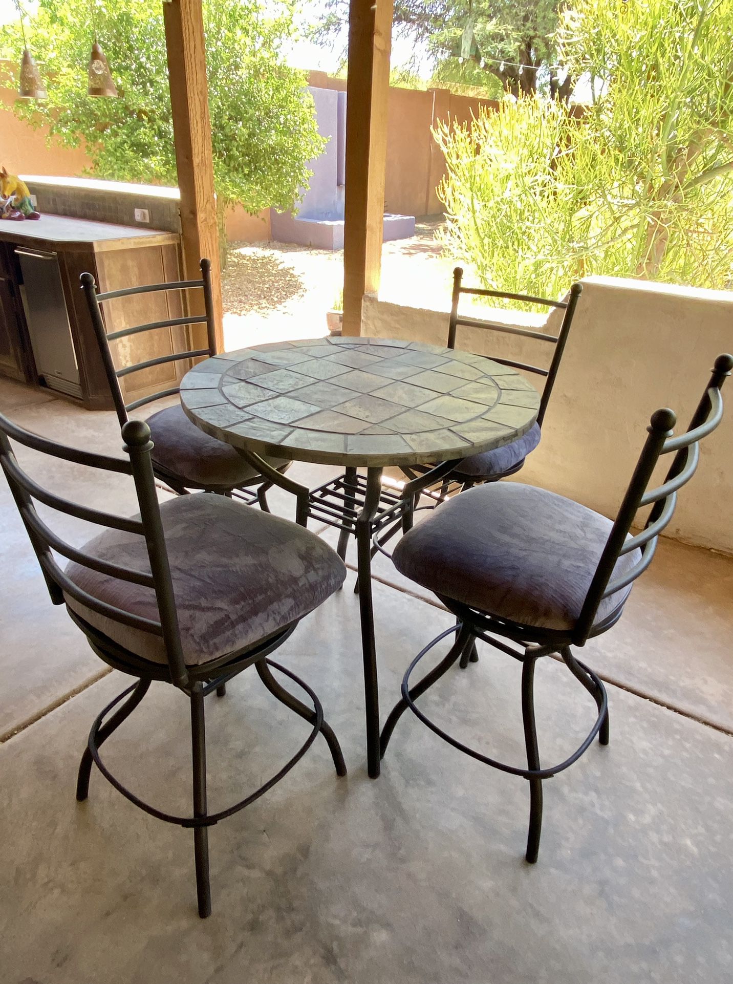 Round Tile/Metal Table & Swivel Chairs Set