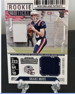 Drake Maye 2024 Panini Contenders Rookie Card. “Rookie Ticket” Jersey Patch Card