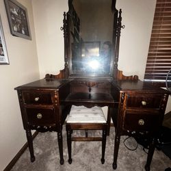 Antique Turn-of-the-Century Solid Wood Vanity with Bench & Swivel Mirror - $300