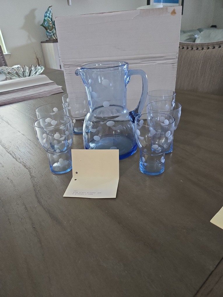 Antique Blue Pitcher With 6 Glassed