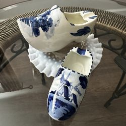 Mid 20th Century "DELFT" Holland Blue & White Ceramic Clog Set of 2 Smoke Shoe's