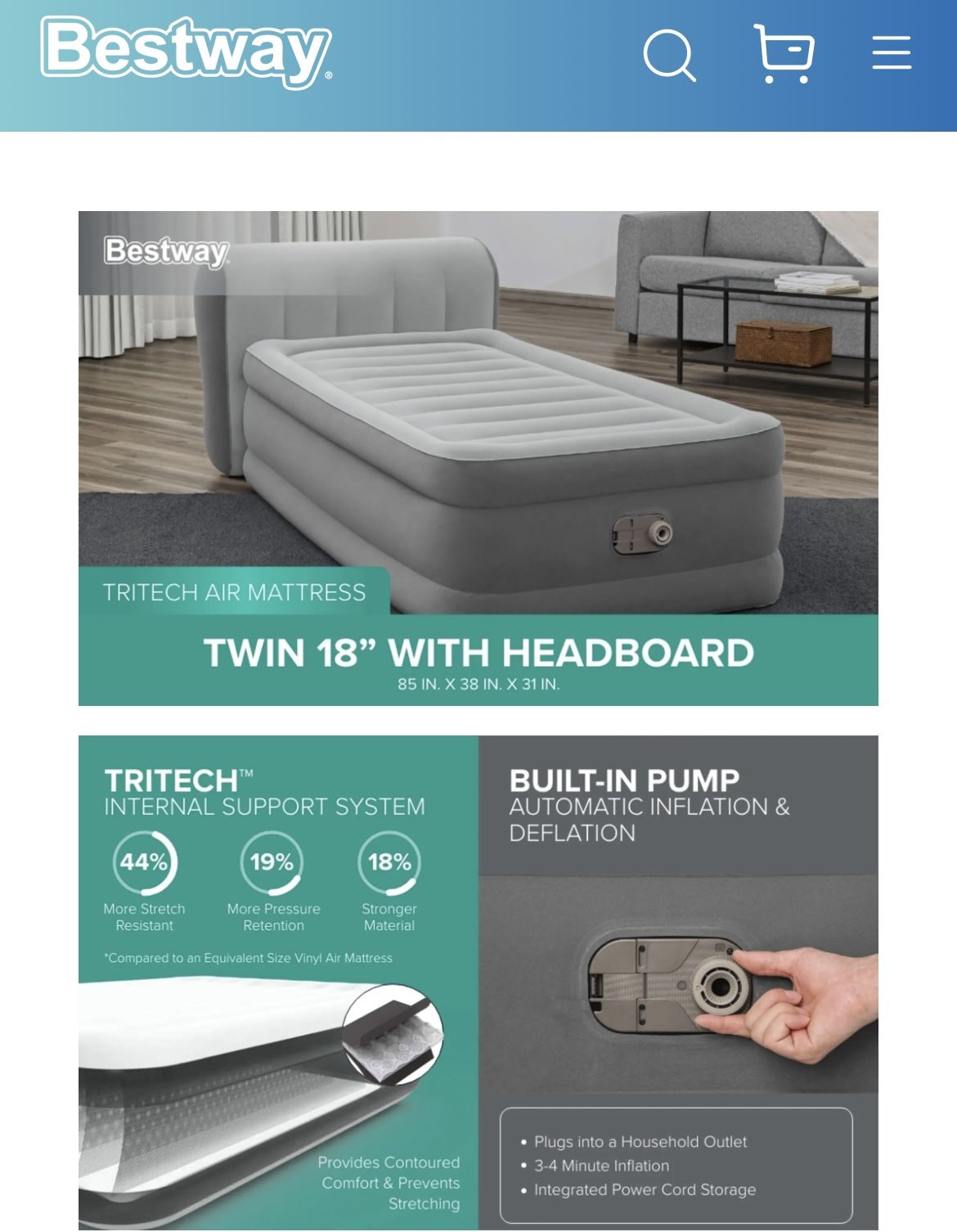 Bestway Airbed Twin Inflatable Bed With Headboard Airbed With Built-in AC Pump.