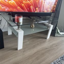 Rectangle Glass Coffee Table-White Modern Side Coffee Table with Lower Shelf Metal Legs-Suit for Living Room