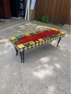 Bench, coffee table, Lara Moore Paper mache over board,heavy resin coating