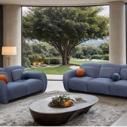 Sofa And Loveseat Denim Blue Chenille Fabric, New Especial Price 