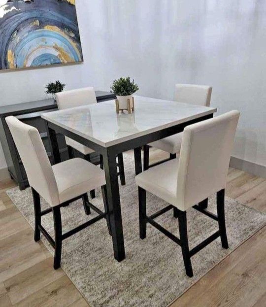 ✅️✅️5 pc dark finish wood white faux marble top square counter height dining table set. This set includes the table and 4 - side chairs padded seats✅️
