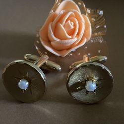 Vintage Speidel USA Starburst Faux Pearl Center Gold Tone Cufflinks 