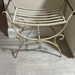 vintage Italian Regency style wrought iron curule bench with brass handles and a white distressed painted finish. 