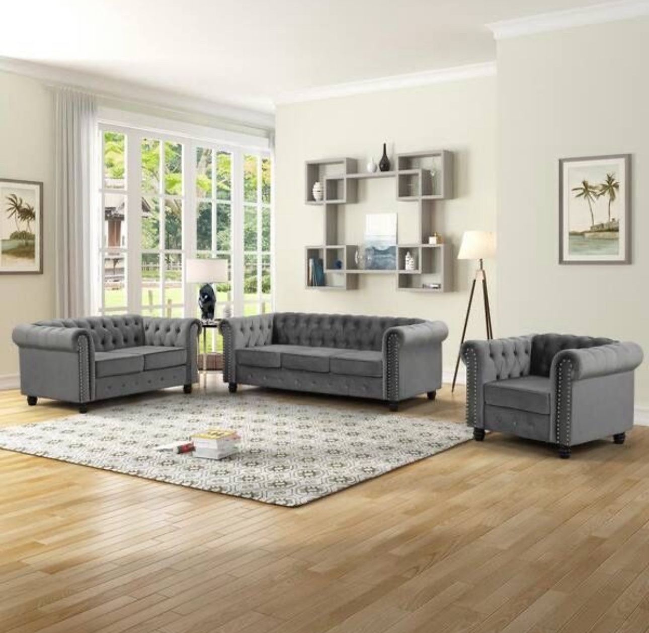 6 Seater Velvet Couches for Living Room Sets, Chesterfield Sofa Loveseat and Armchair 3 Pieces