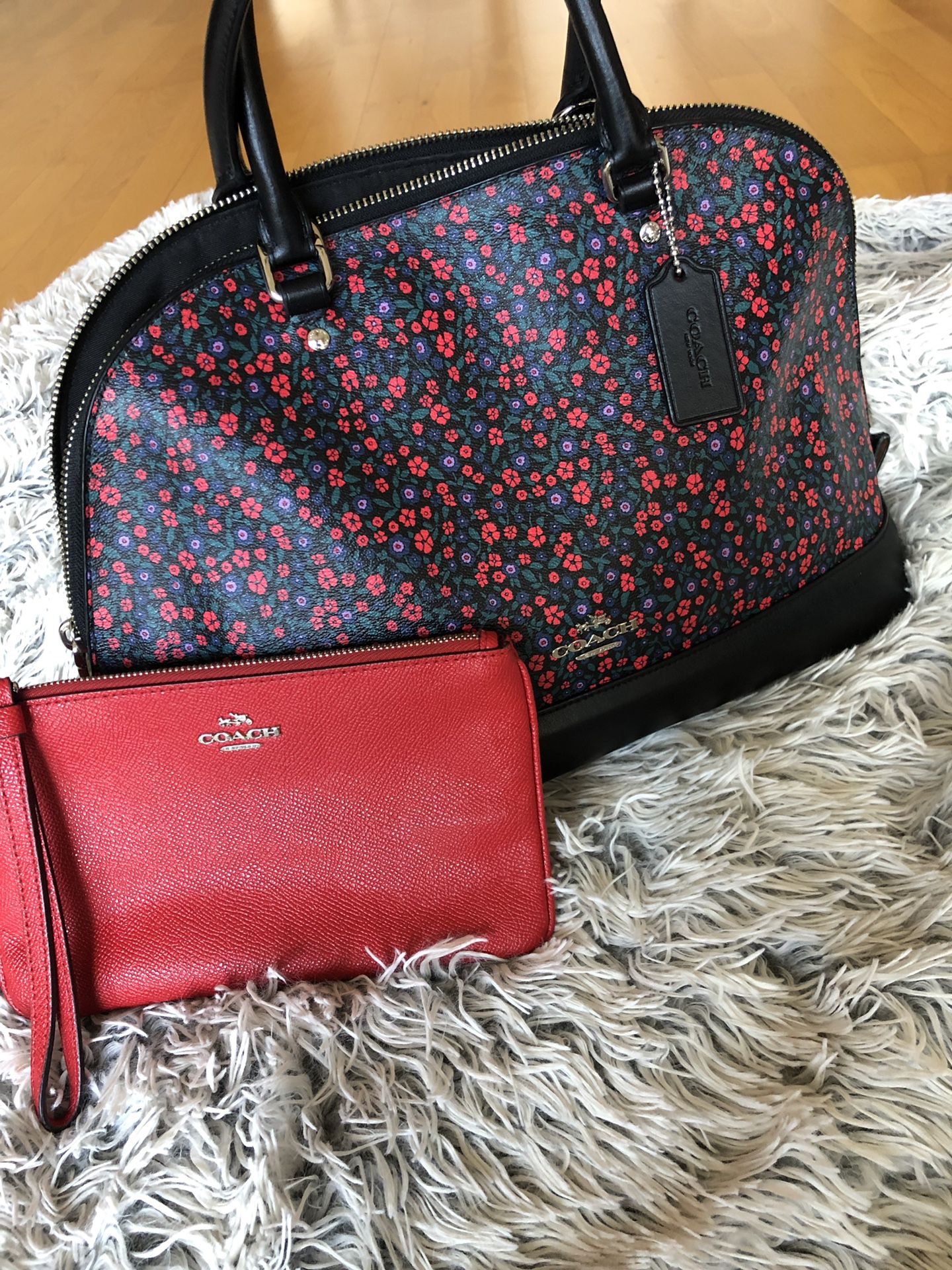 Red and black Floral Coach prairie tote bag