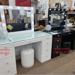 New Stock Avery Black Or White Vanity Set Special With Mirror And Stool