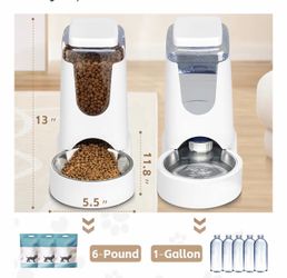 Automatic Cat Feeder and Water Dispenser with Stainless Steel Bowl Dog Gravity Food Feeder and Waterer for Small Medium Pets Puppy Kitten 1 Gallon x 2