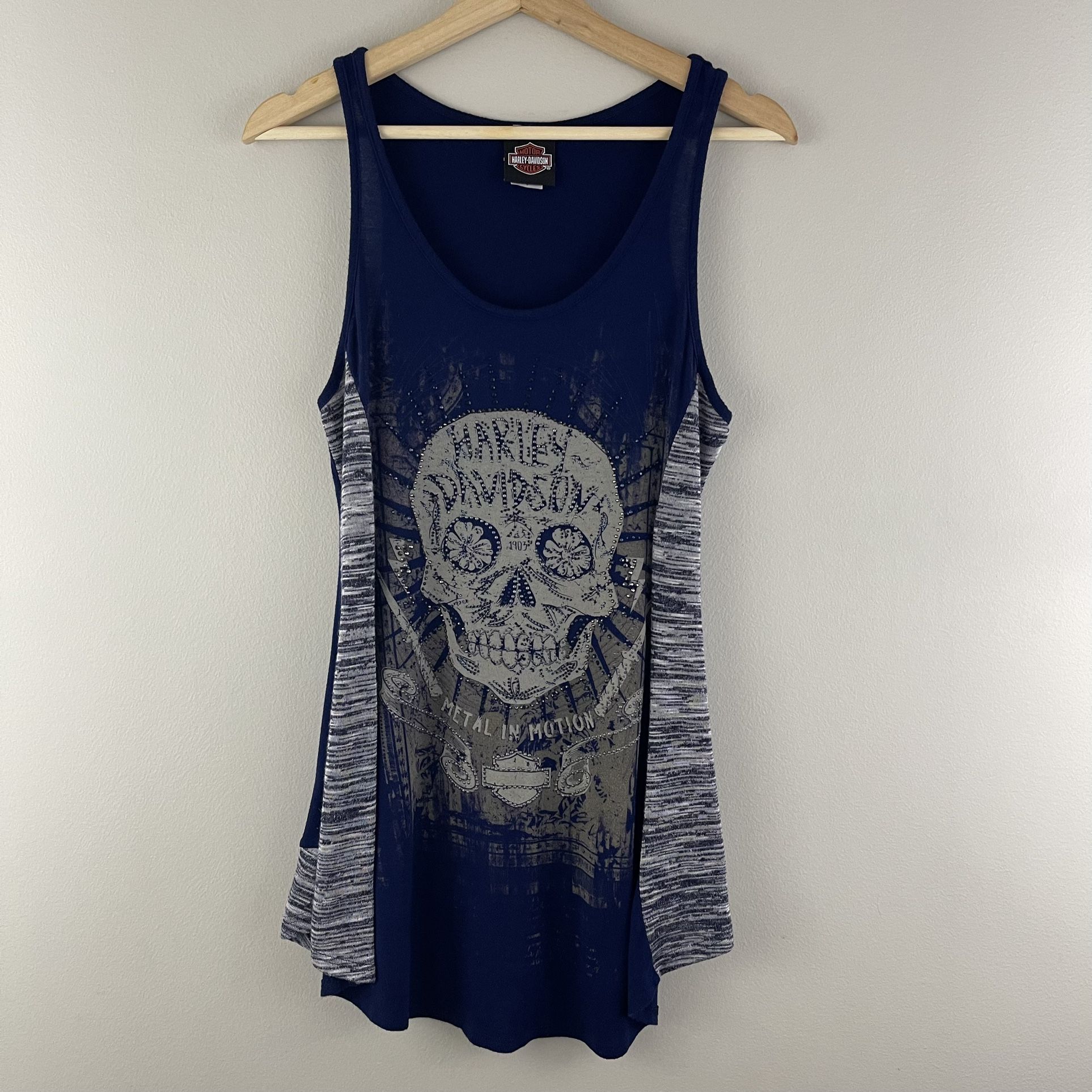 HARLEY DAVIDSON Navy Blue Grey Sugar Skull Rhinestone Heavy Knit Drape Tank Top