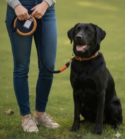 Top Paw Navy Blue 4ft Rope Dog Leash With Accessory Ring & Wood Handle