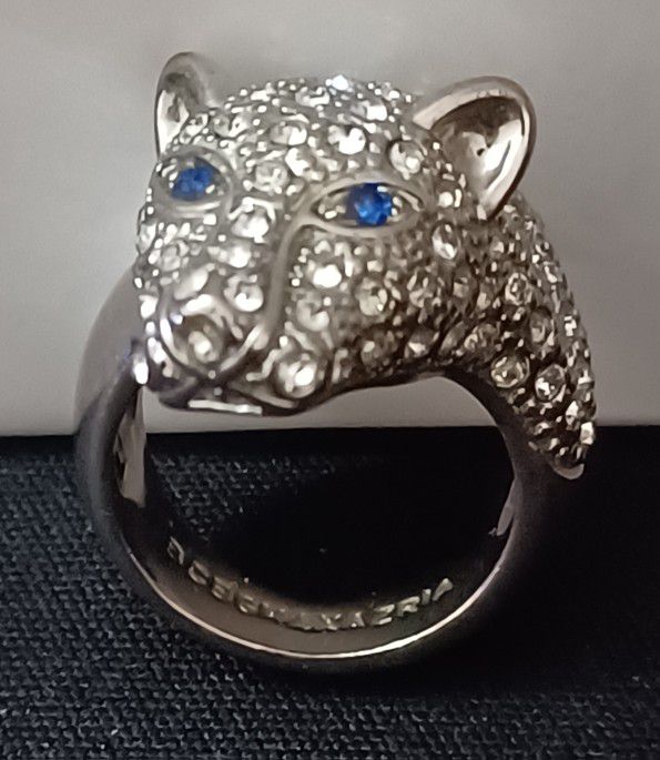 BCBG MAXAZRIA Shiny Silver/Clear/Blue Eyes Rhinestone Panther Leopard Tiger Ring