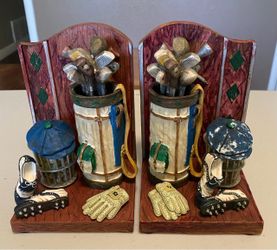 VINTAGE RUSS HIGHLAND RIDGE HAND PAINTED PAIR OF GOLF THEMED BOOKENDS