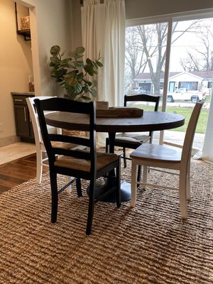 Photo FOUR dining chairs {table NOT included} in a cute farmhouse style. Two are black with wicker seats and two are white with wood stained seats. Great c