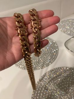 New 18k rose gold filled Cuban link chain and bracelet set