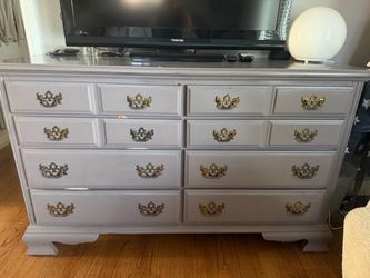 Vintage Gray Painted Wood Dresser with Brass Handles