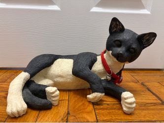 Reclining Tuxedo Cat Resin Statue Real Red Collar Bell Black White Decor 14”