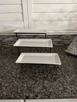 Serving Tray & Riser Set – White Ceramic With Black Metal Stand