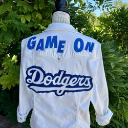 Women's "Dodgers" White Denim Jean Jacket with inner and outer pockets by Liverpool-Large