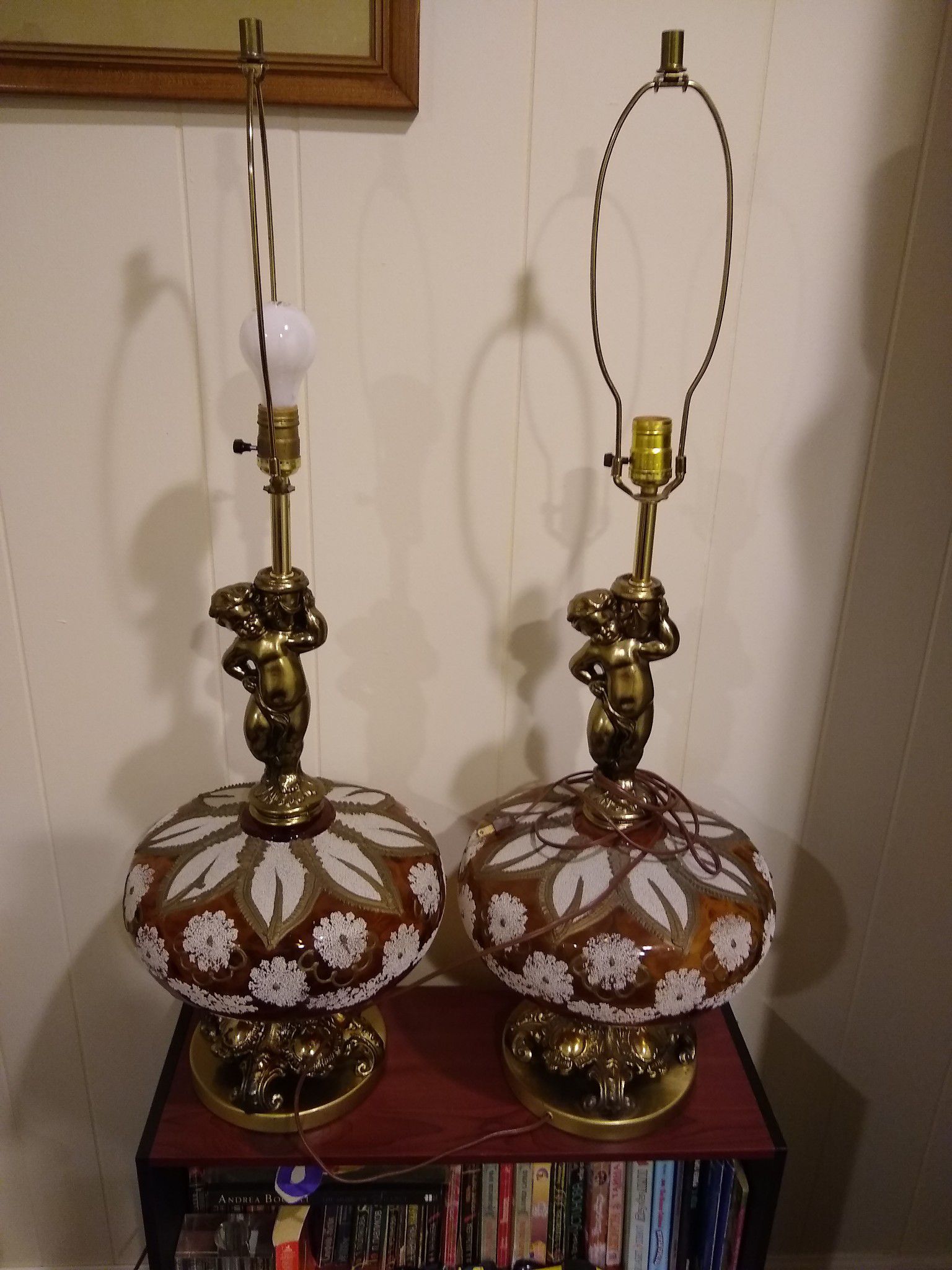 High quality two large Brass with Vintage Glass lamp