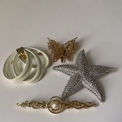 Monet Brooches Vintage Starfish Butterfly Ribbon Bar Pin Signed