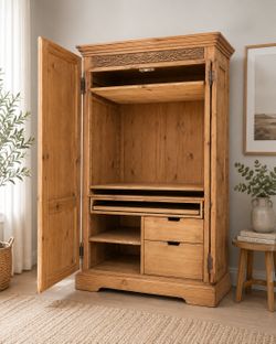 Solid Pine armoire with storage and desk