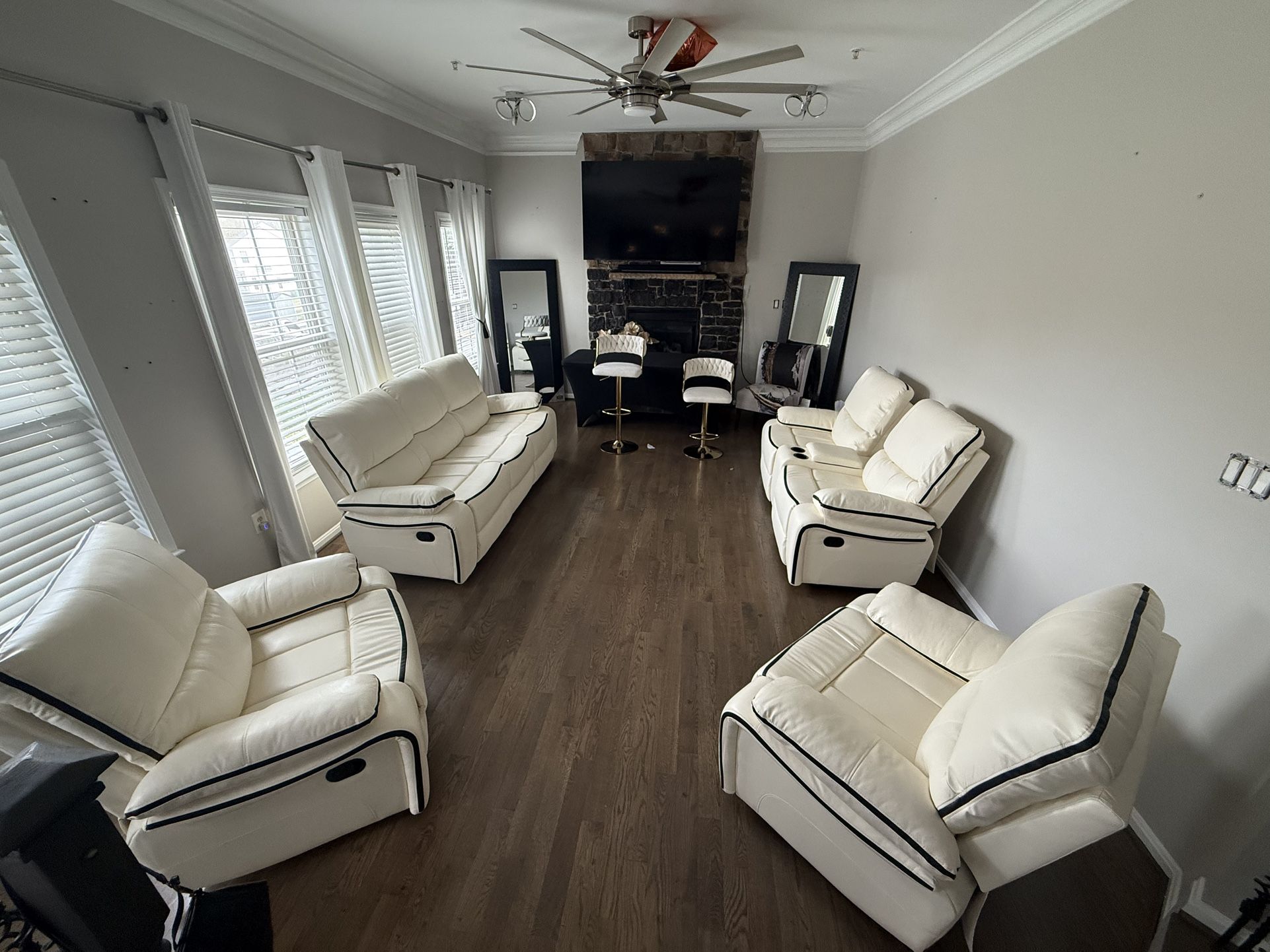 Leather Cream ivory 4 Piece Reclining Sofa Set